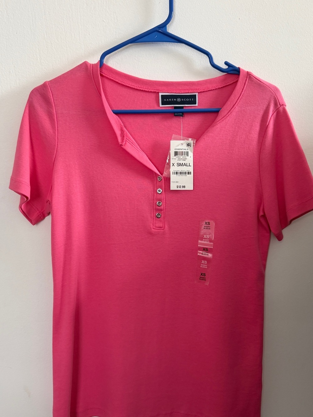 Karen Scott Hot Pink Short Sleeve Henley Tee